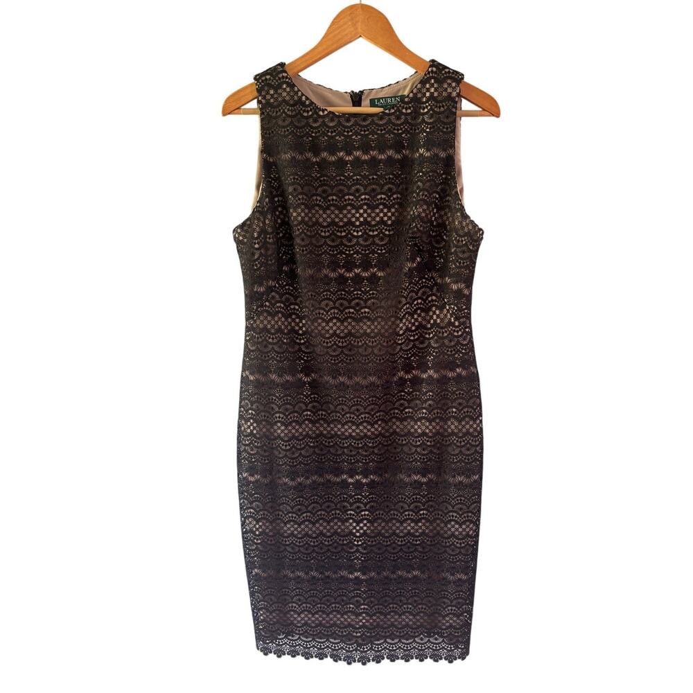 Lauren Ralph Lauren Black Lace Sheath with Nude Lining Cocktail Dress Size 14